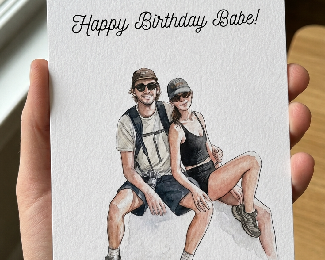 Personalized birthday greeting card featuring a custom watercolor couple portrait.