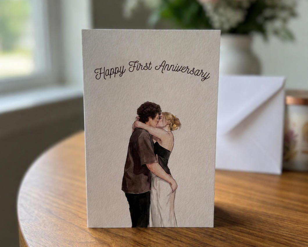 Personalized first anniversary greeting card with a custom watercolor couple illustration.