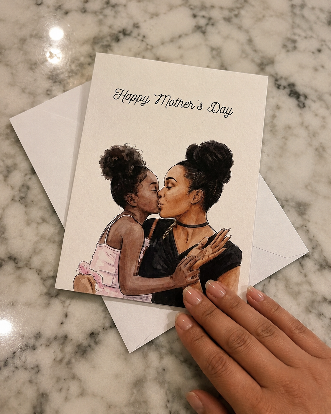 Personalized Mother's Day greeting card featuring a custom watercolor portrait of a mother and daughter.