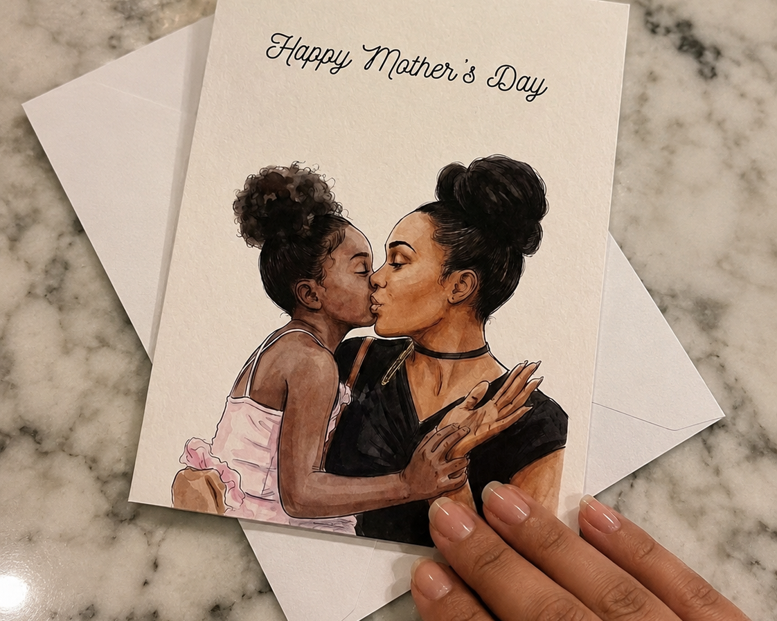 Personalized Mother's Day greeting card featuring a custom watercolor portrait of a mother and daughter.