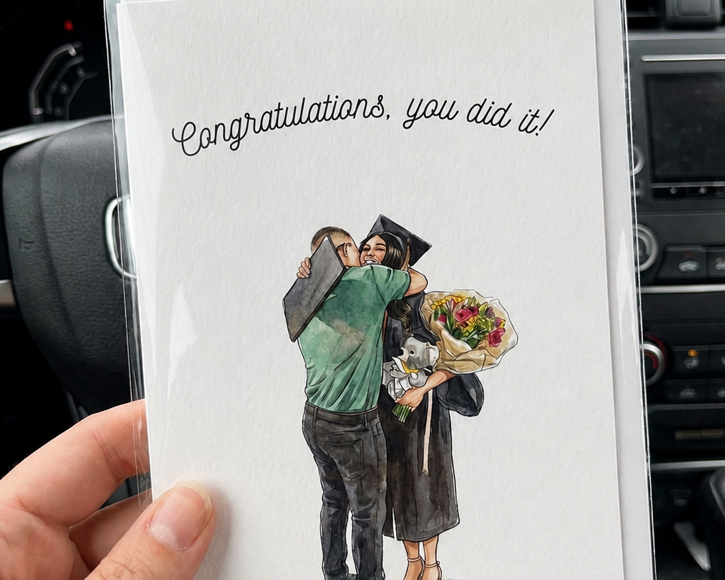 Personalized graduation greeting card featuring a custom watercolor portrait of a graduate.