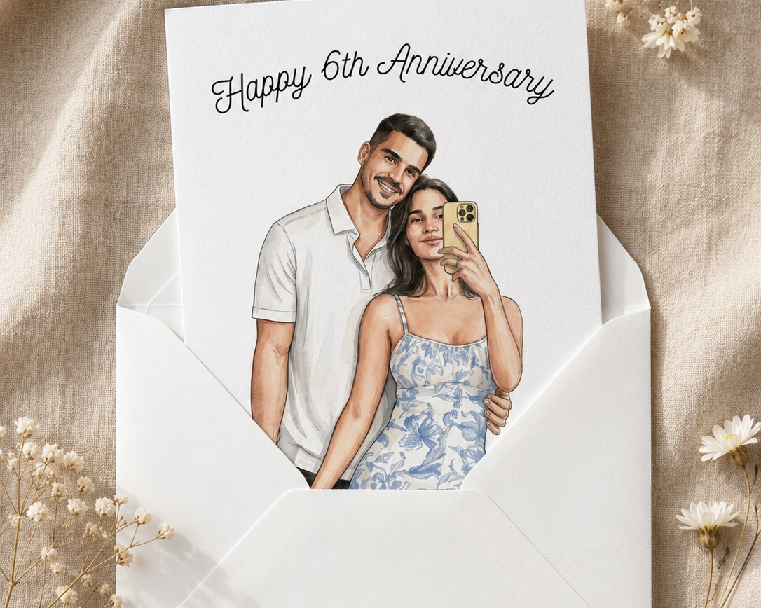 Personalized anniversary greeting card with a custom watercolor couple portrait displayed inside a white envelope.