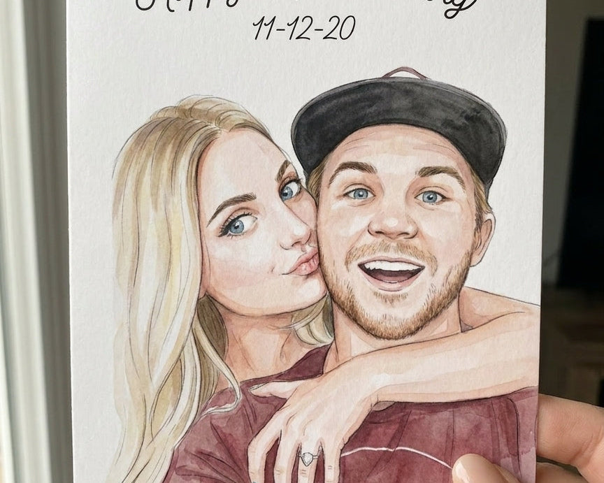 Customer review featuring a personalized anniversary greeting card with a custom watercolor couple portrait.