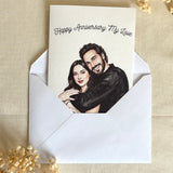 Custom watercolor anniversary card with matching envelope ready for gifting.