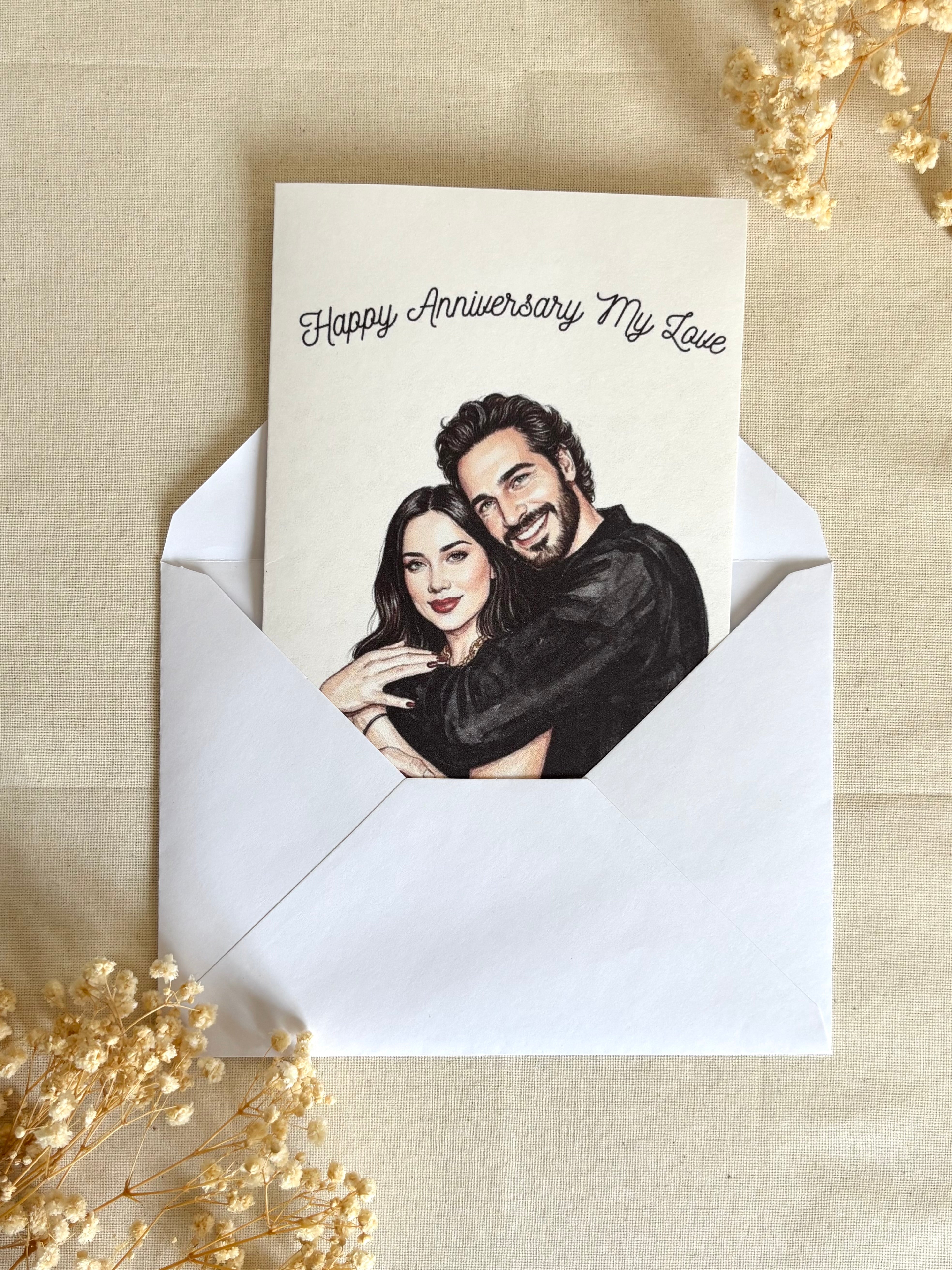 Custom watercolor anniversary card with matching envelope ready for gifting.