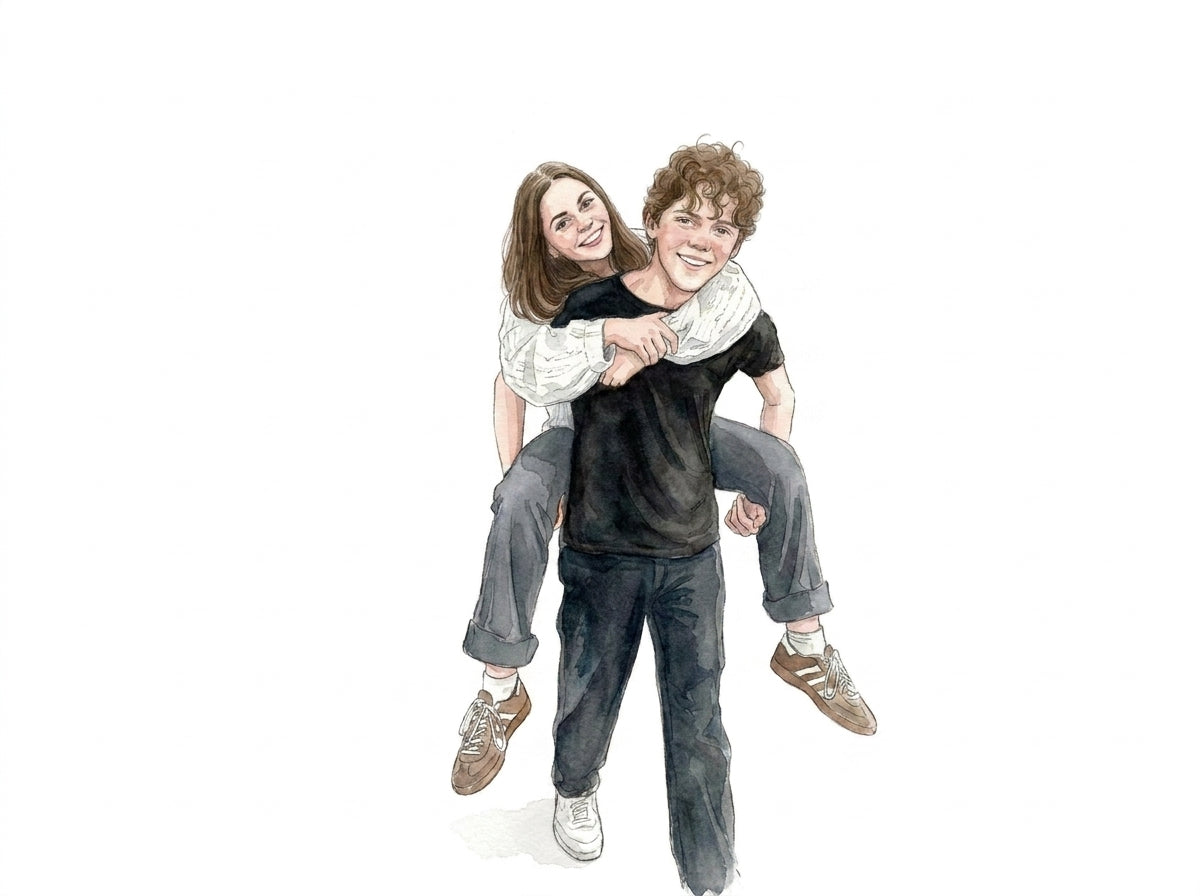 Custom watercolor illustration of a couple created for a personalized greeting card.