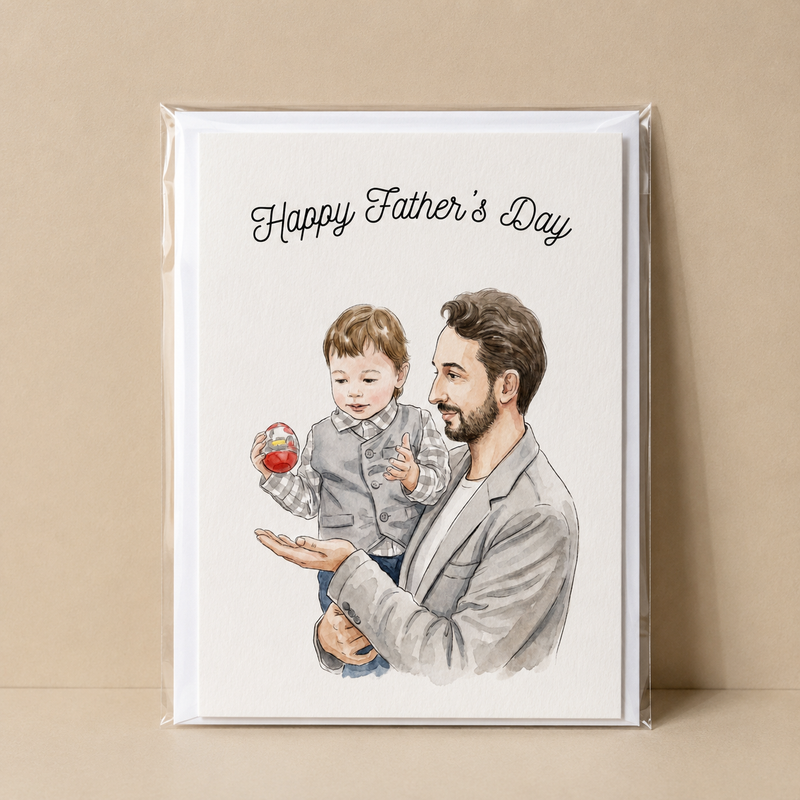 Personalized Father's Day greeting card featuring a custom watercolor portrait printed on premium cardstock.