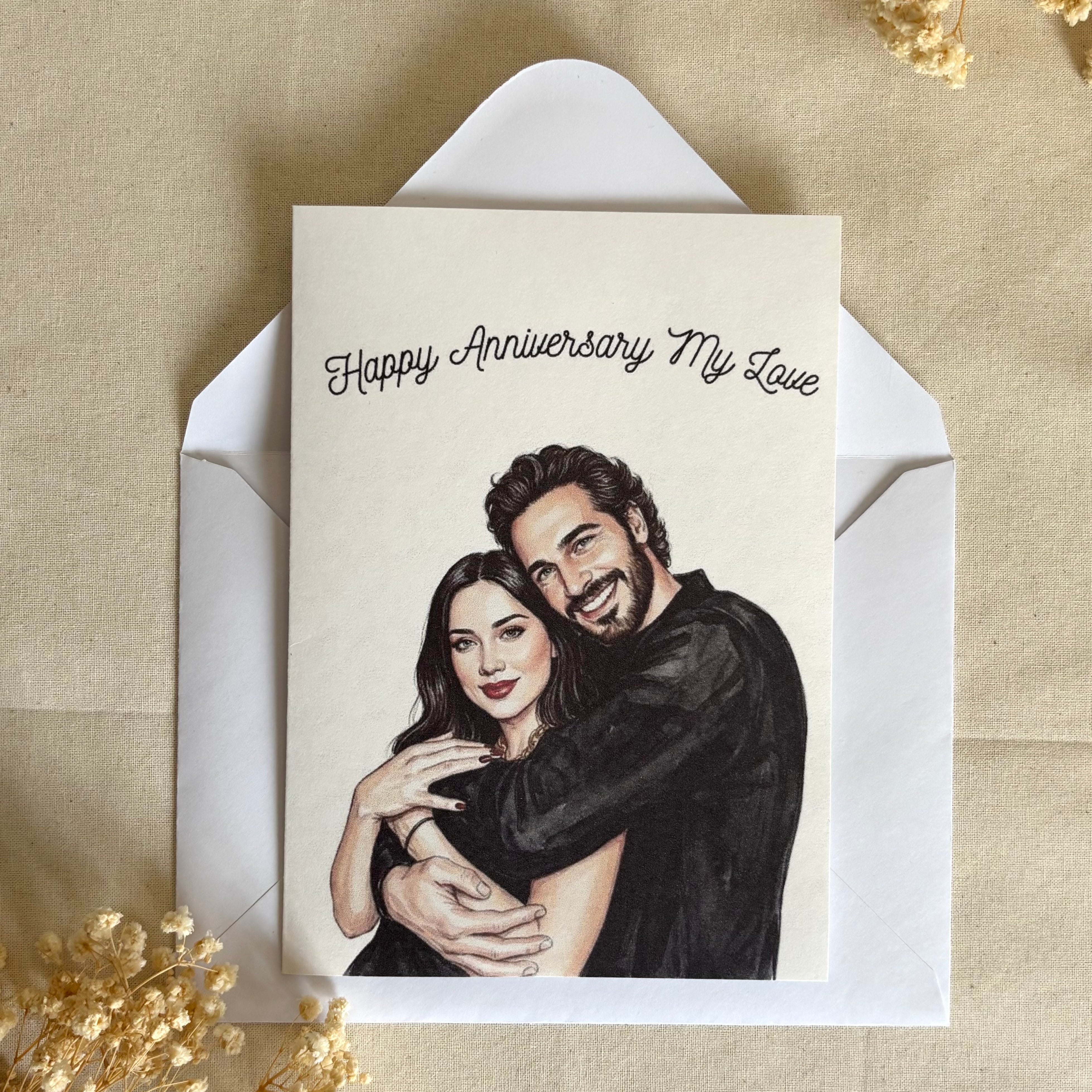 Personalized anniversary greeting card displayed with a white envelope.