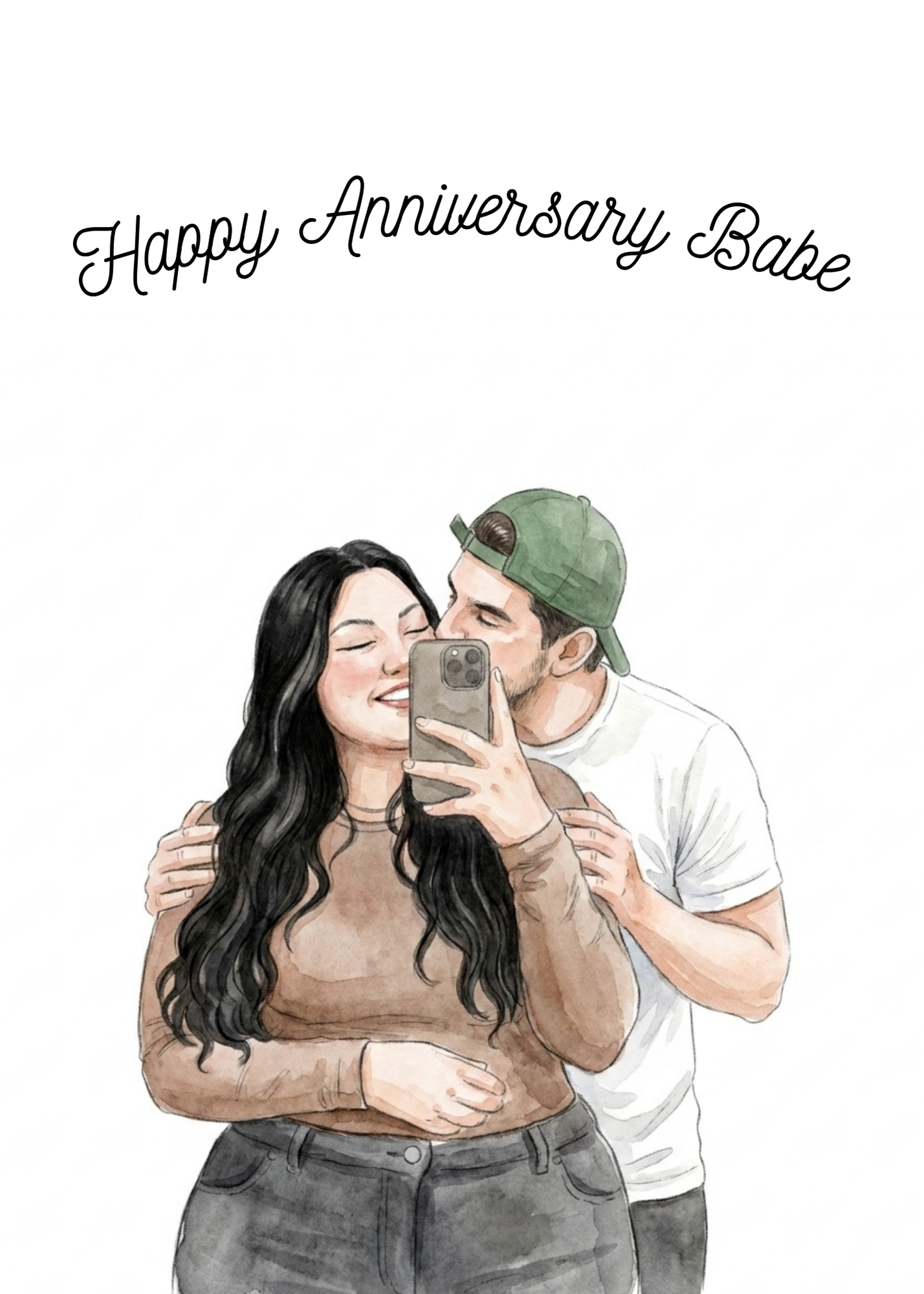 Personalized anniversary greeting card featuring a custom watercolor couple portrait. 