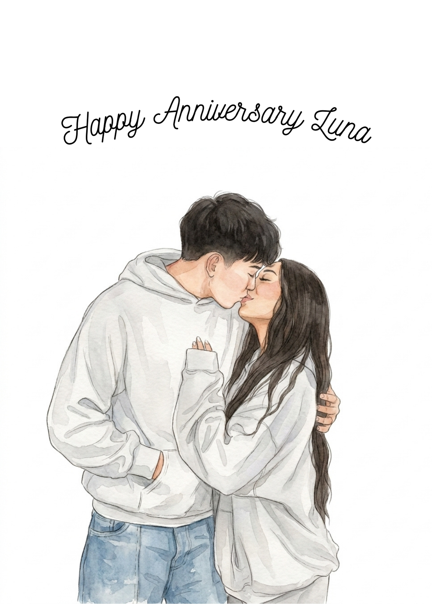 Personalized anniversary greeting card featuring a custom watercolor illustration of a couple kissing.