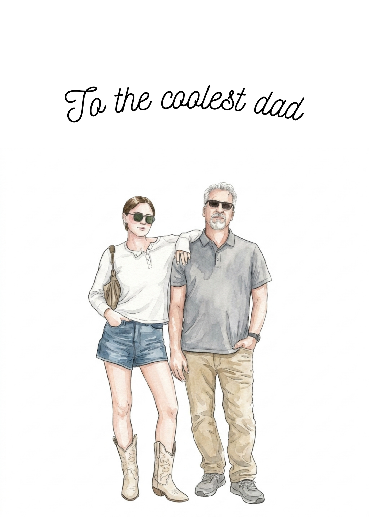 Personalized greeting card featuring a custom watercolor portrait of a father and daughter.