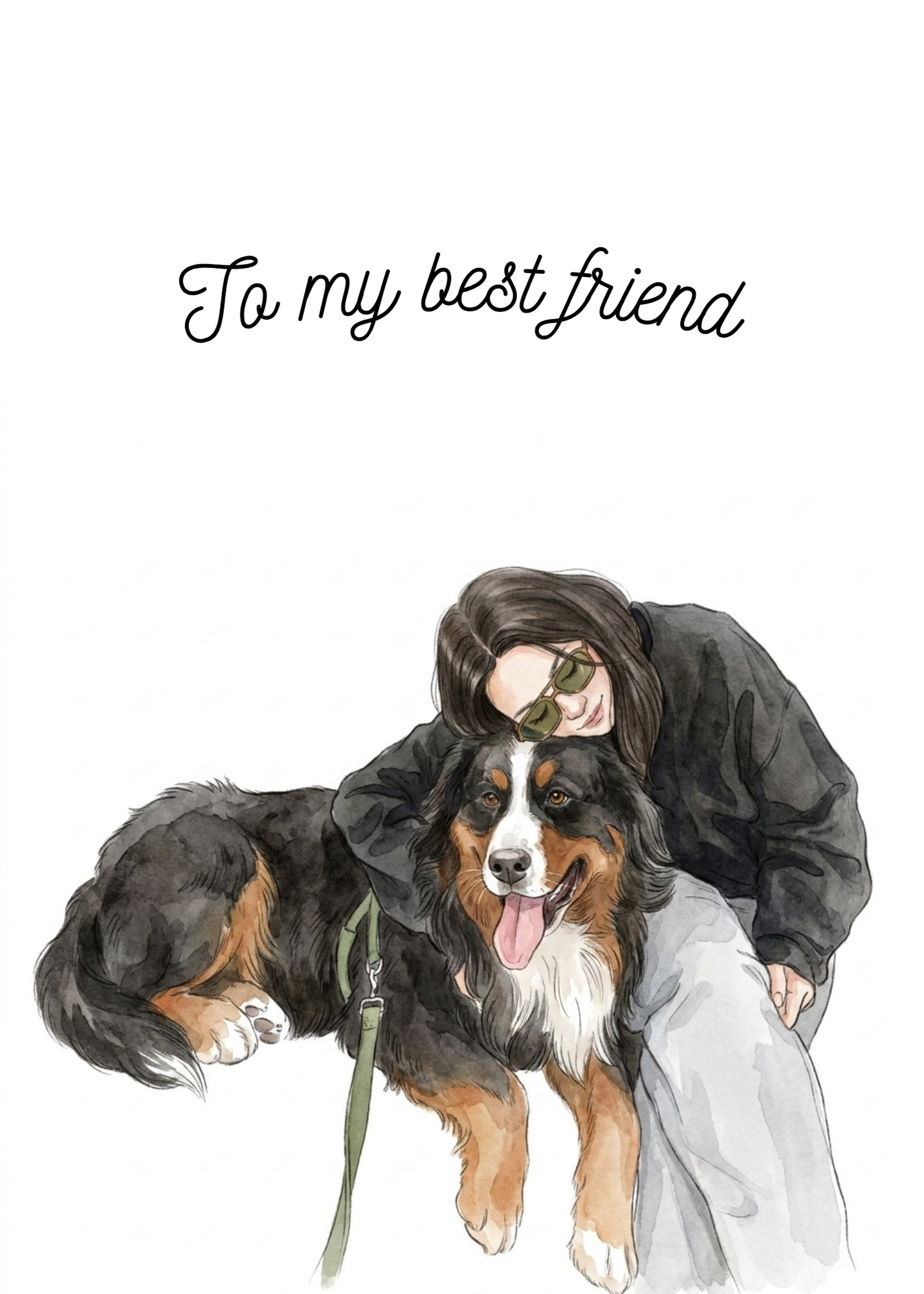 Personalized greeting card featuring a custom watercolor portrait of a woman and her dog.
