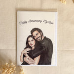 Personalized anniversary greeting card featuring a custom watercolor couple portrait.