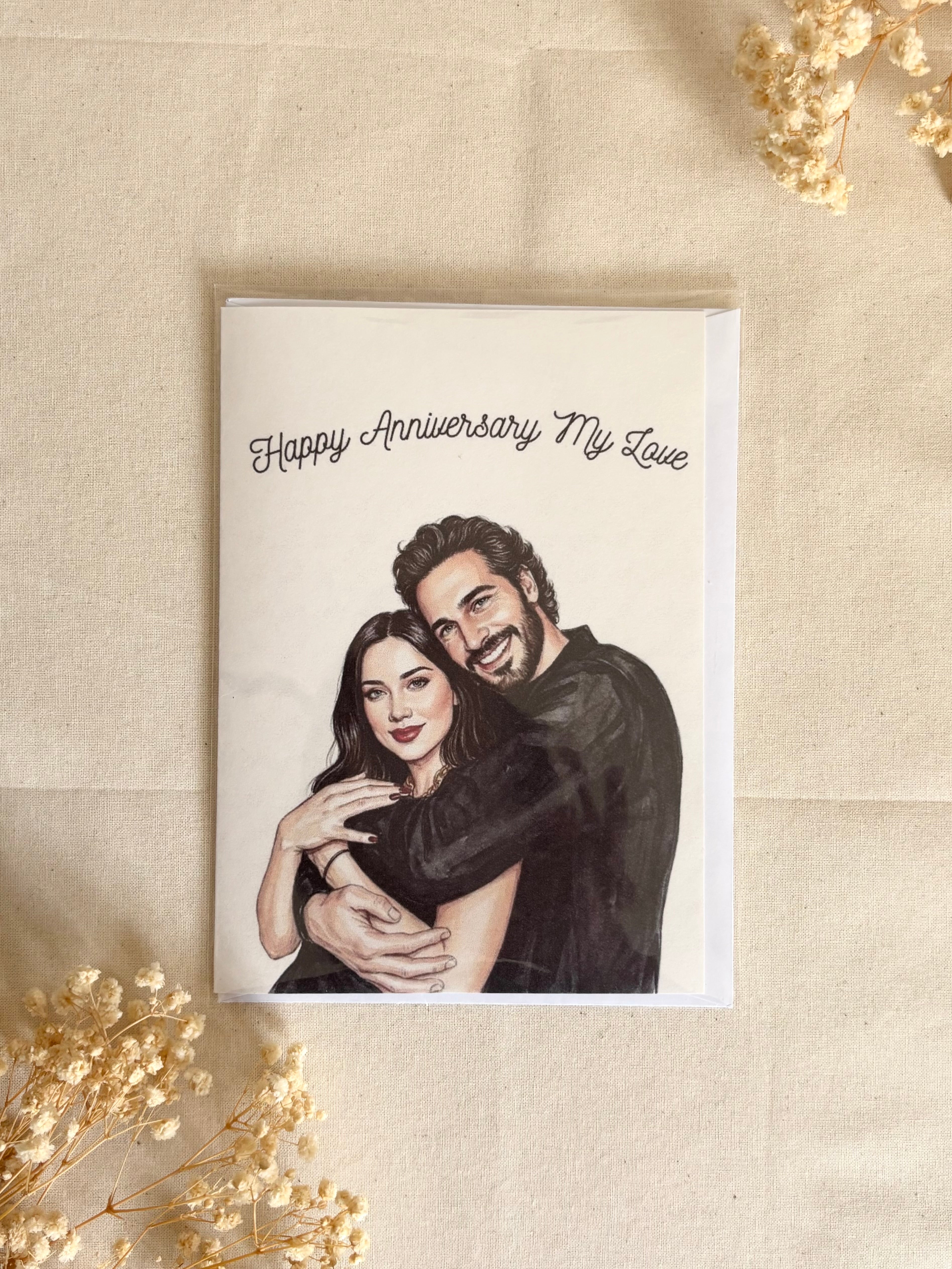 Personalized anniversary greeting card featuring a custom watercolor couple portrait.