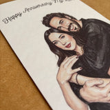 Close-up of a personalized watercolor anniversary card printed on premium cardstock.