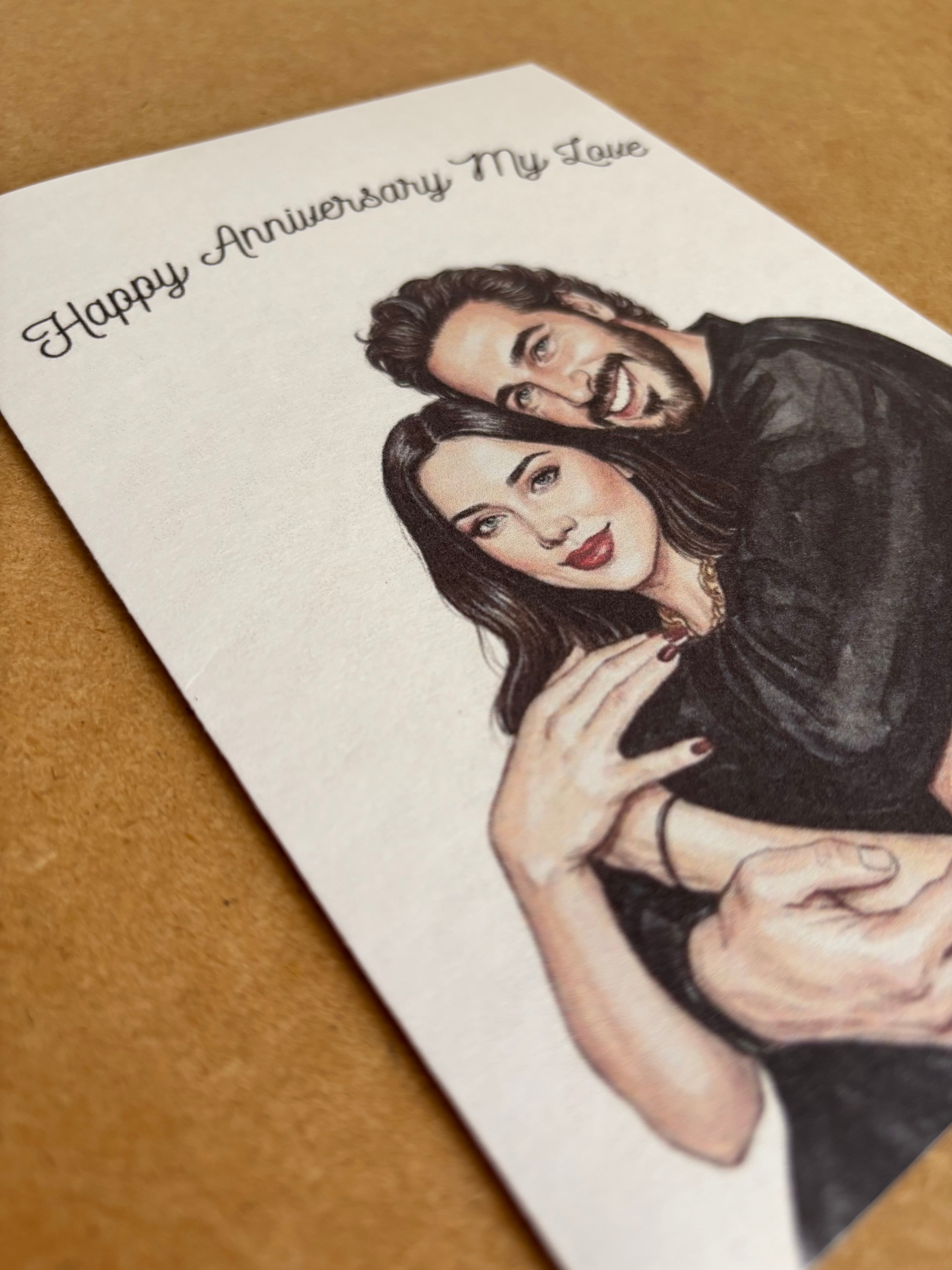 Close-up of a personalized watercolor anniversary card printed on premium cardstock.